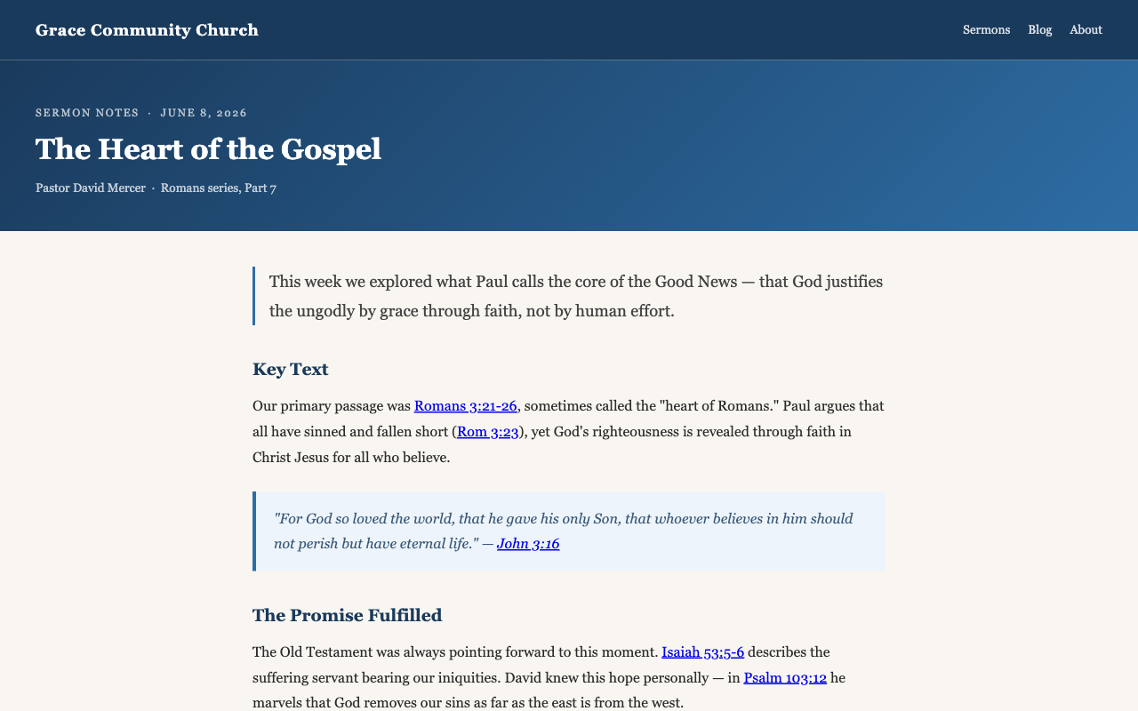 Bible references automatically tagged as links across a sermon notes page