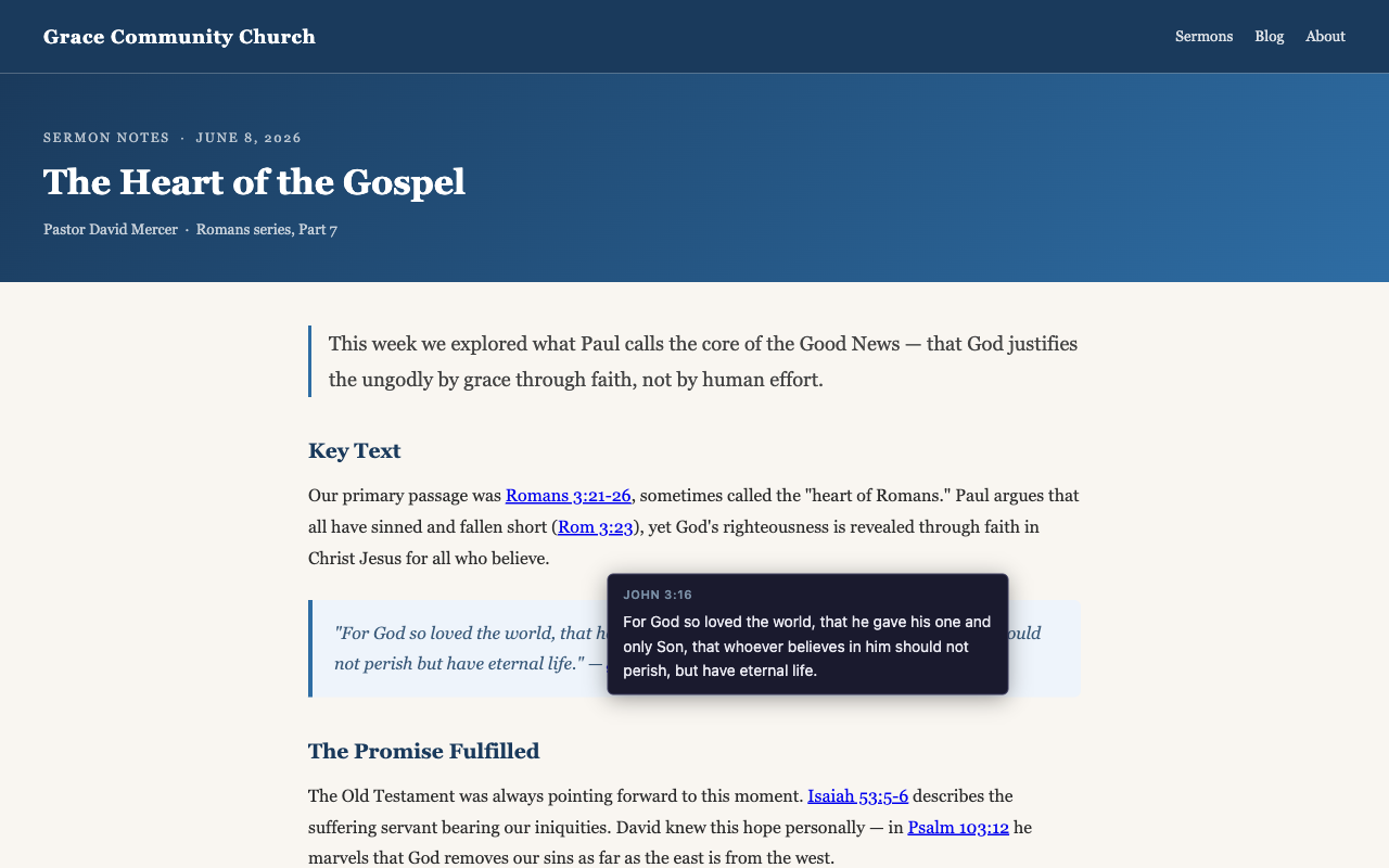 PassagePeek showing a hover tooltip with the full text of John 3:16 on a sermon notes page