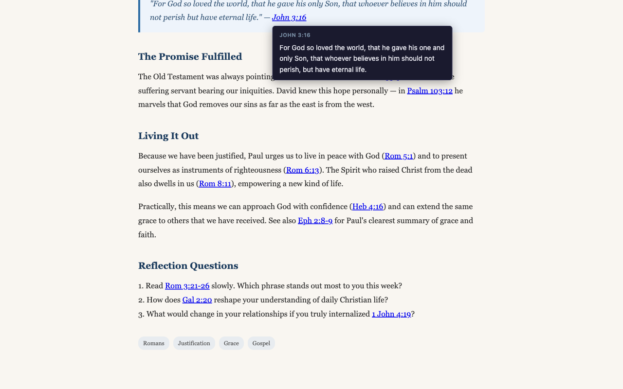 Multiple tagged Bible references visible at once with a tooltip open